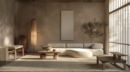 3D render illustration of a modern interior in Japandi style design for a living room. 