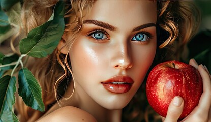 Closeup portrait of Eve holding the forbidden fruit - the apple, tempted by the snake, in the Garden of Eden. Bible. Old Testament. Creation. Genesis. 