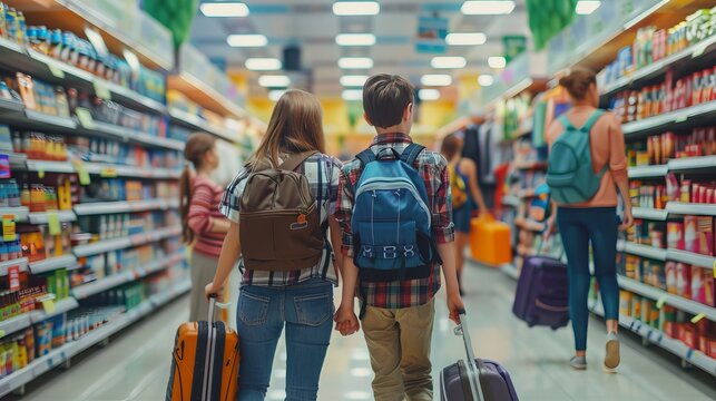 Parents and kids at store shopping for school supplies to prepare for the upcoming school year