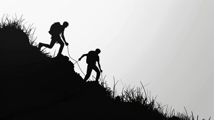 This image features two climbers on a steep slope, silhouetted against a vast sky, highlighting their effort and coordination as they navigate the challenging terrain.