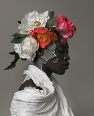 Minimalistic torn paper collage of an African woman with flowers in her hair 