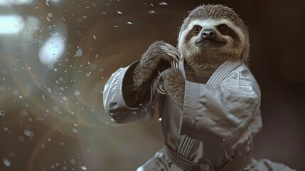 A highly realistic depiction of a sloth donning a white martial arts uniform, expertly positioned in a serious and focused combat stance, with a dramatic lighting and background.