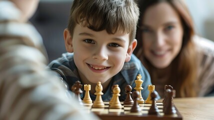 A heartwarming image of a mother and her son playing chess together, symbolizing bonding, strategy, and intellectual engagement amidst a warm home environment.