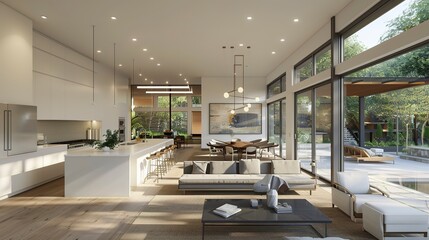 A modern minimalist home interior design with clean lines, sleek furniture, and neutral color palette, featuring an open-concept living space connected to a spacious kitchen, bathed in natural light.