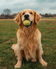 Obraz premium Golden retriever with tennis balls in an open field.