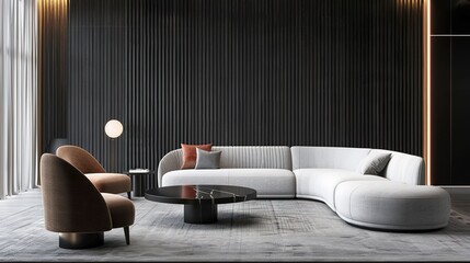Curved sofas and armchair in room with black wooden paneling wall. Minimalist interior design of modern living room. 