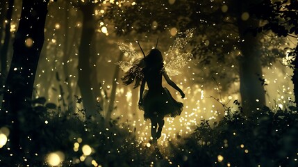 Magical forest scene with a girl in a dark fairy costume running amidst glowing fireflies and eerie shadows, her wings sparkling in the enchanting forest light