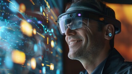 An individual wearing futuristic glasses equipped with a digital overlay interface, depicting advanced technology use, augmented reality applications, and innovation in personal tech gadgets.