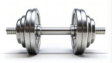 Naklejka premium A silver metallic dumbbell icon isolated on a white background with subtle shadows and highlights, symbolizing strength and fitness.