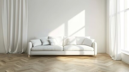 White sofa on wooden parquet. Minimalist, scandinavian home interior design of modern living room. 