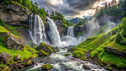 Fototapeta premium Majestic Steinsdalsfossen waterfall in Norway cascades down moss-covered rocky cliffs surrounded by lush greenery and misty atmosphere.