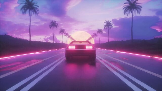 Riding Car with Endless Road and Palms at Sunset Time Synthwave Loop
