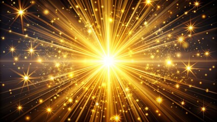Fototapeta premium Vibrant golden starburst radiates intense light and sparkles, surrounded by radiant beams, on a dark, mysterious, and luxurious background.