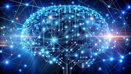 Obraz premium Abstract futuristic illustration of interconnected nodes and circuits forming a brain-like structure, representing advanced language processing technology.