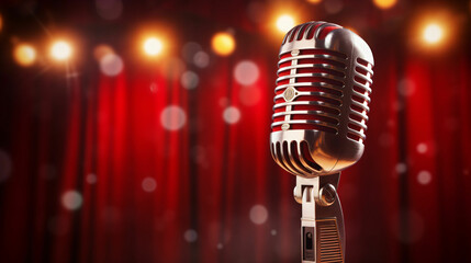 microphone retro on the stage red curtain background
