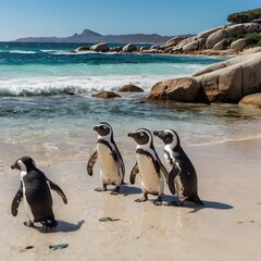 Fototapeta premium Boulders Beach Colony of African Penguins playing on the beach and swimming in the sea. Boulders Beach. South Africa 