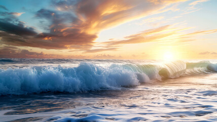 Captivating view of powerful waves crashing under a vibrant sunset sky.