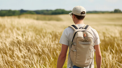 A serene moment of a young man exploring nature with a backpack on a sunny day.