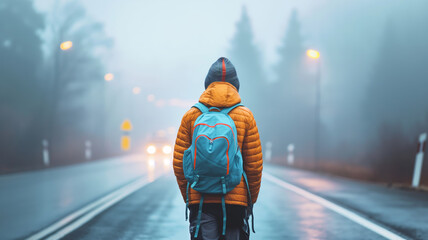 A solitary figure with a backpack navigating through a misty, early morning road.