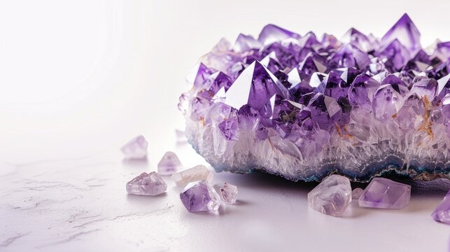 Close up amethyst geode on white background with space for text