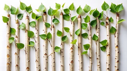 Delicate arrangement of birch twigs with lush green leaves placed in a harmonious row on a pristine white background.