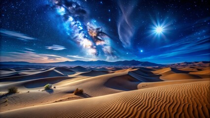 Naklejka premium Dark blue starry night sky above vast expanse of rolling sand dunes, illuminated by soft moonlight, casting long shadows.