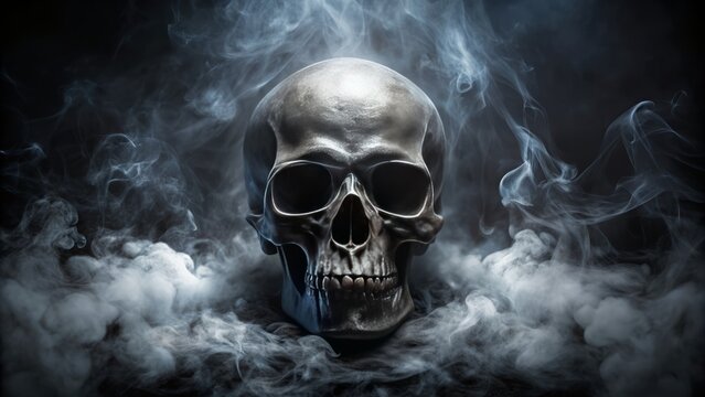 Dark mystical atmosphere surrounds a mysterious smoked skull centered on a black background with subtle eerie fog effects.