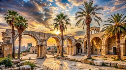 Fototapeta premium Ancient stone architecture rises from desert landscape, palm trees sway, and majestic arches adorn streets of forgotten Palestinian cityscapes.