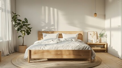 Minimal Style , Wooden home bedroom interior with bed and nightstand with decor. Mock up frame 