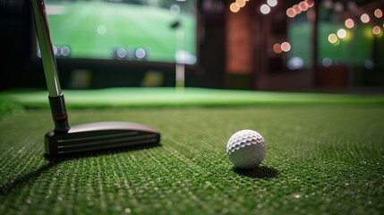 This image displays a golf ball resting near a putter on an artificial green surface in an indoor setting, with the detailed elements and virtual golf environment in the background.