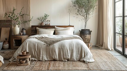 bedroom with a natural color palette and organic materials. a wooden bed with linen bedding, a woven rug, and handmade pottery 