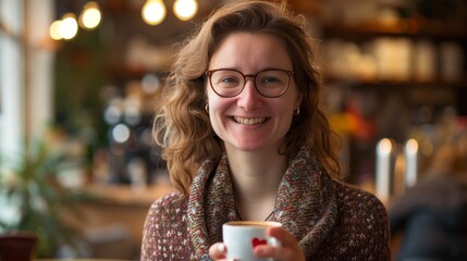 young happy woman smiling in a cozy cafe bar restaurant. holding a cup of coffee. background blurred. wallpaper banner for ads, web design, prints