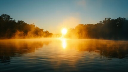 Obraz premium Sunrise over a serene lake with mist rising from the water