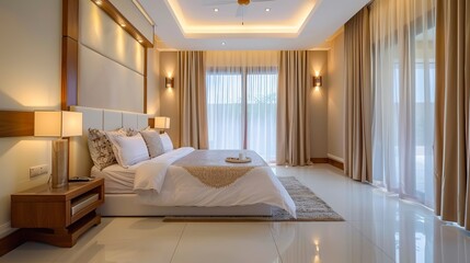 a stylish master bedroom with white and brown walls tiled floor and a comfortable king size bed viewed from the side