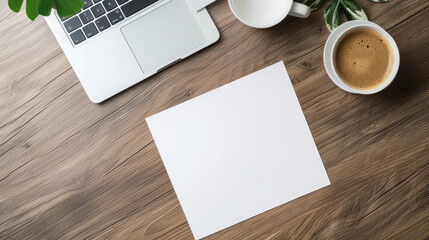 Top view flat lay of a blank paper sheet on a wooden desk with a coffee cup, laptop and plant. Mockup for a design in the style of an office space