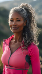 Black Woman with Gray Hair Wearing Hot Pink Workout Clothing, Outdoors