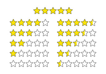 Product rating or customer review with gold stars set collection. Graphic symbol flat design interface illustration elements for app ui ux web banner button vector isolated on white background