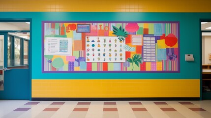 School Bulletin Board Displaying Student Work in a Vibrant Hallway