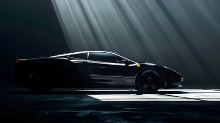silhouette of black supercar with headlights on black background, 3d render, generic design, non-branded. 