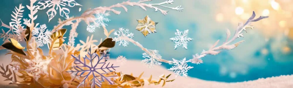paper art branches and snowflakes against bokeh background, Christmas and Happy New Year background design. Copy space template animation web banner