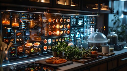 A futuristic kitchen with holographic recipes and bioluminescent ingredients, creating culinary masterpieces 