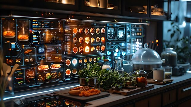 A futuristic kitchen with holographic recipes and bioluminescent ingredients, creating culinary masterpieces 