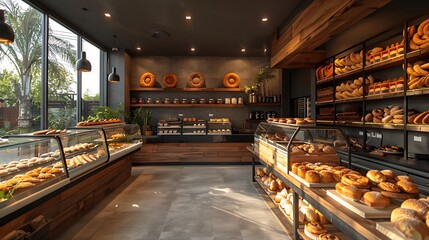 A modern bakery with interactive digital baking tools and glowing pastries, offering fresh delights 