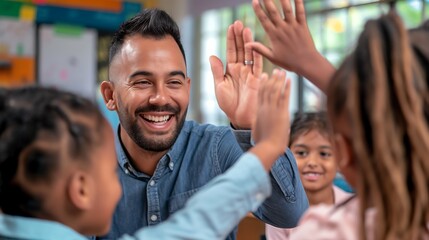 Smiling Hispanic Male Teacher High-Fiving Diverse Students in Bright Classroom