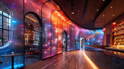 Fototapeta premium An avant-garde dessert lounge with shifting holographic dessert menus and bioluminescent sweet treats, indulging cravings 