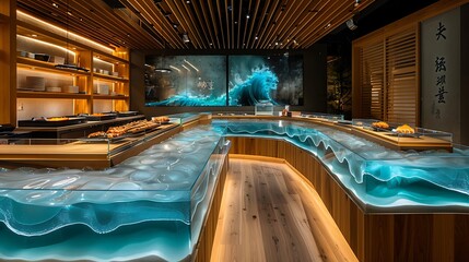 An innovative sushi bar with transparent preparation stations and bioluminescent sushi rolls, serving fresh delicacies 