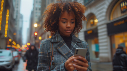 Young businesswoman holding smartphone and walking downtown city street with blurred background.