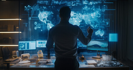 a man in a futuristic technology room working with data analysis through augmented reality hologram displays, person in data monitoring room 