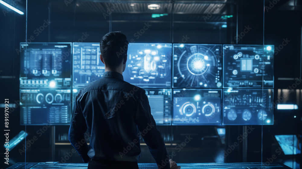 Poster a man in a futuristic technology room working with data analysis through augmented reality hologram 