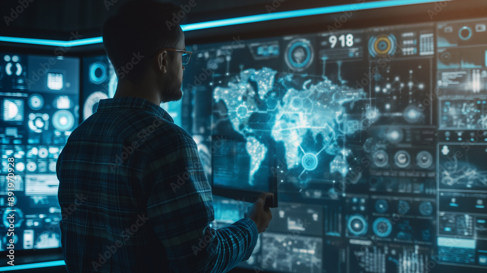 Poster a man in a futuristic technology room working with data analysis through augmented reality hologram 